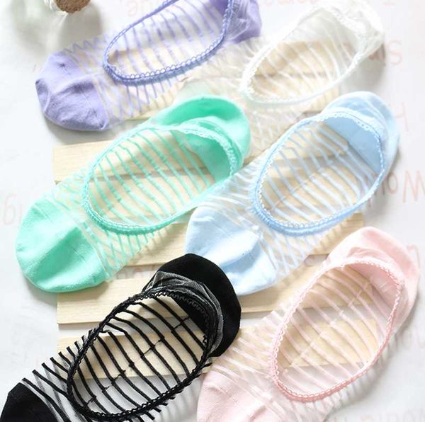 

5 Pairs/Lot Woman Korean Thin Glass Invisible Boat Socks Ladies Stripe Crystal Sweet Light Mouth 6 Color Socks Slippers Girl Bas, Black;white