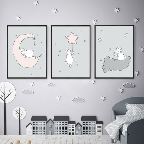 

moon star sheep nursery room wall art canvas posters print painting nordic kids bedroom decoration pictures baby gift home decor