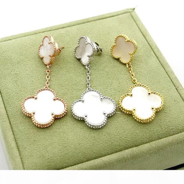 

europe america fashion lady women brass vintage tassels 2 motifs onyx mother of pearl malachite four leaf flower stud earrings 3 color, Golden;silver