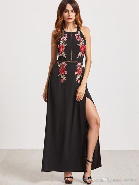 

women dress fashion summer halter sleeveless vest sling flower print split elegant black lady skirt casual long dresses size s-xl, Black;gray