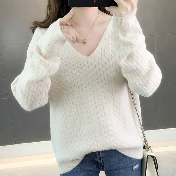 

womens casual sweater shirt v-neck long sleeves solid cotton women fashion autumn and winter knitted pullover sweater, White