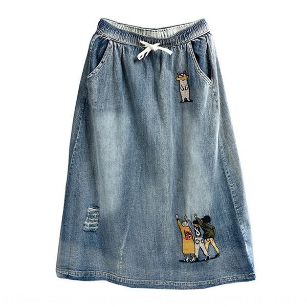 

cartoon character embroidered skirtlong skirt denim skirtwomen's washed old hole denim skirt medium-length dress worn out all-match, Black