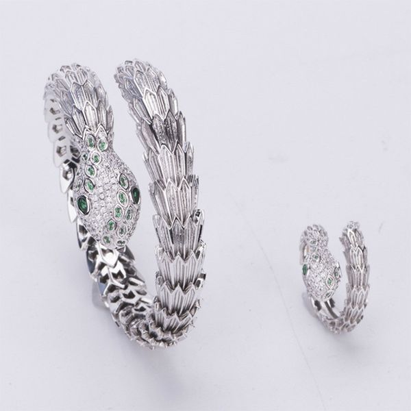 

european and american fashion exaggeration classic large ferocious snake inlaid zirconia bracelet ring set women's bracelet ri, Black