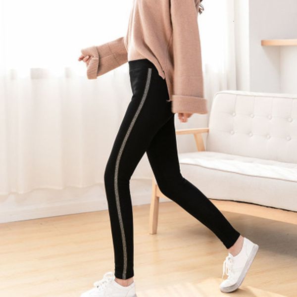 

autumn winter cotton velvet leggings women high waist side stripes sporting fitness leggings pants warm thick leggings, Black