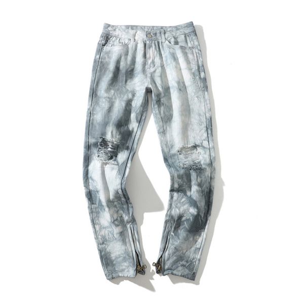 

moruancle man hi street ripped tie dye jeans fashion streetwear distressed hip hop denim trousers with holes ankle zipper, Blue