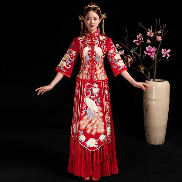 

plus size 5xl 6xl embroidery peacock chinese wedding dress oriental style bride dress women exquisite toast clothing dresses, Red