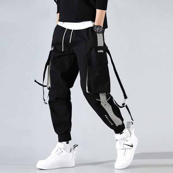 

fashion men ribbons color block black pocket cargo pants 2020 joggers harajuku sweatpant hip hop trousers sweatpants zlwj