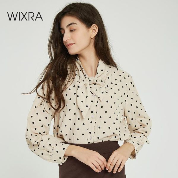 

wixra women lace-up blouse ladies long sleeve dot print loose shirts 2020 autumn spring ladies clothing, White