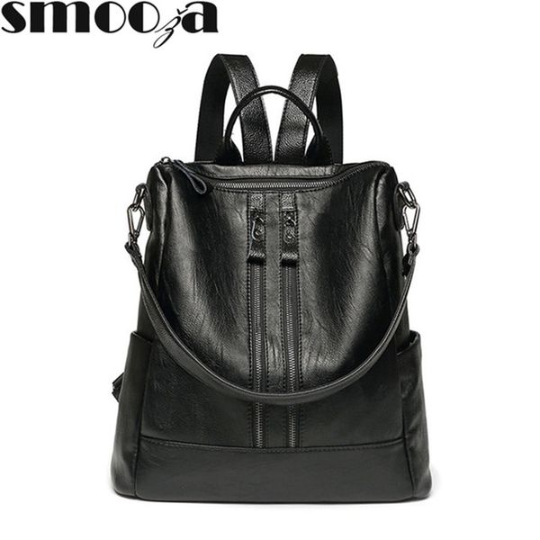 

smooza high capacity women backpack for traveling large size soft leather package multi-function bag leather ladies, Black;red