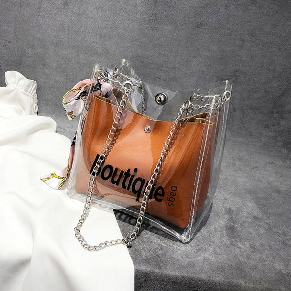 

transparent bag for women pvc jelly bucket bag clear letter ribbon shoulder bags ladies handbags brand designer bolsa feminina