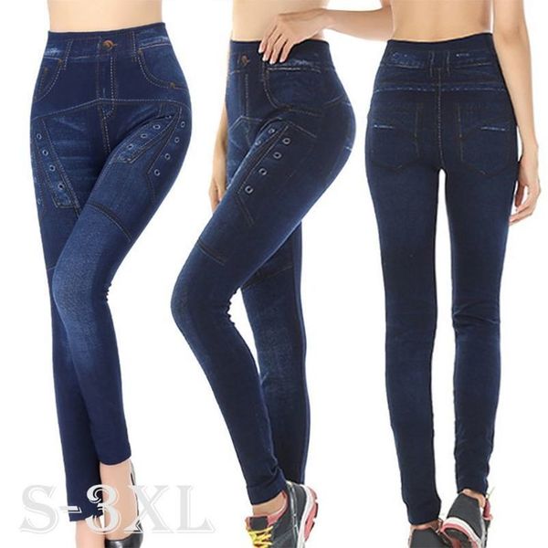 

2020 autumn broadcloth amp; winter slim women leggings faux denim jeans pocket print seamless skinny pencil pants, Black