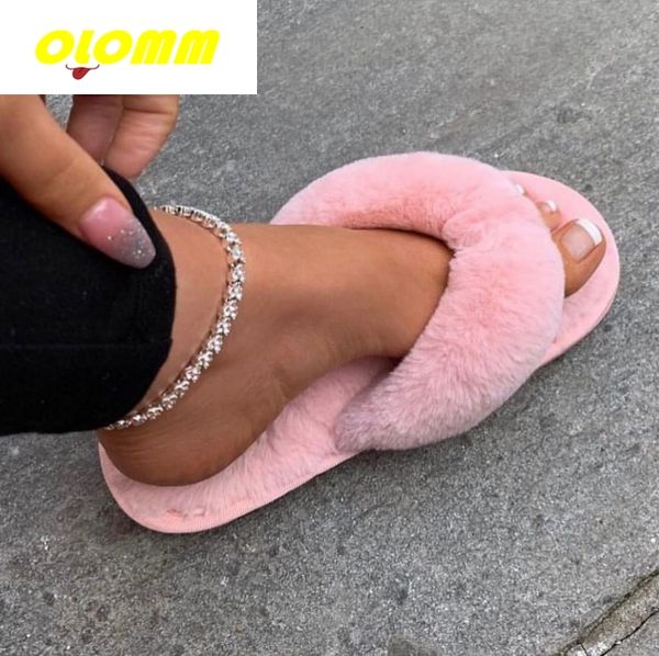 

wholesale comfy slides women home slippers faux fur warm shoes woman slip on flats female fur flip flops plus size 44, Black