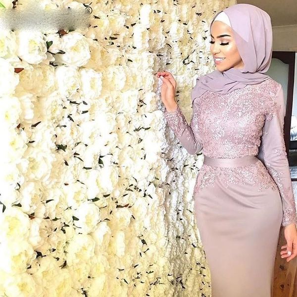 

dark pink muslim evening dresses satin appliques long sleeves with scarf islamic dubai saudi arabic long prom evening gown, Black;red