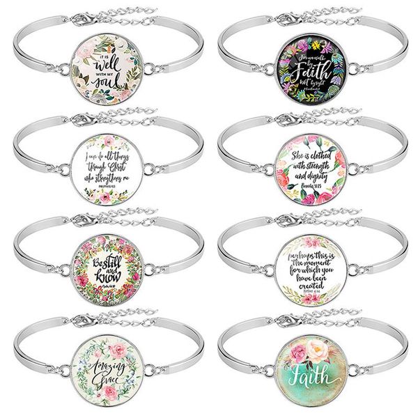 

selling 8 pcs / pack bible verse bracelet silver color 25mm art glass dome bracelets scripture christian jewelry faith gift, Golden;silver