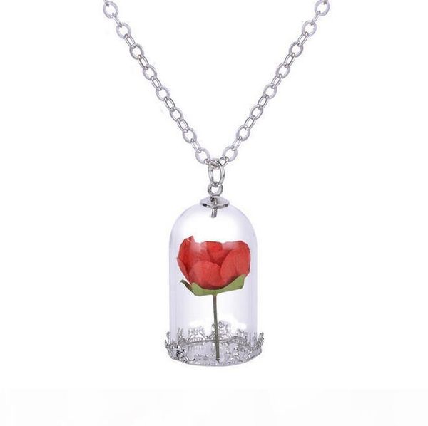 

a handmade diy fashion necklace glass bottle dry flower necklace beast rose necklace wfn326 (with chain )mix order 20 pieces a, Silver
