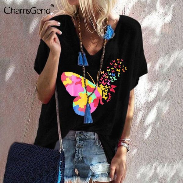 

2020 summer 3d butterfly print t shirts women cartoon casual v-neck t-shirt lady short sleeve harajuku tees brand clothing, White