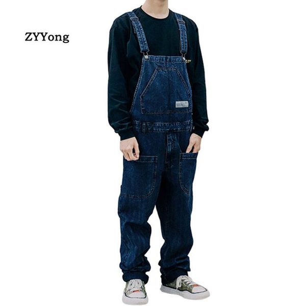 

men denim jumpsuits bib overalls straight leisure loose jeans hip hop streetwear cargo pants cowboy homme trousers, Blue