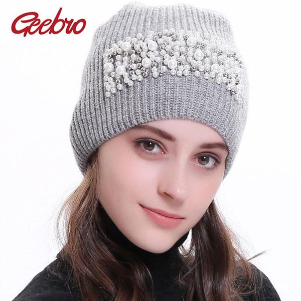

geebro women's beanie hats with applique winter knitted cashmere pearl slouchy beanies skullies hats gorros mujer invierno, Blue;gray