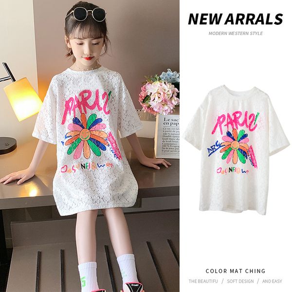 

net red new girls hollow-out short-sleeved dress korean-style childrens western style mid-length t-shirt dress big children summer, Red;yellow
