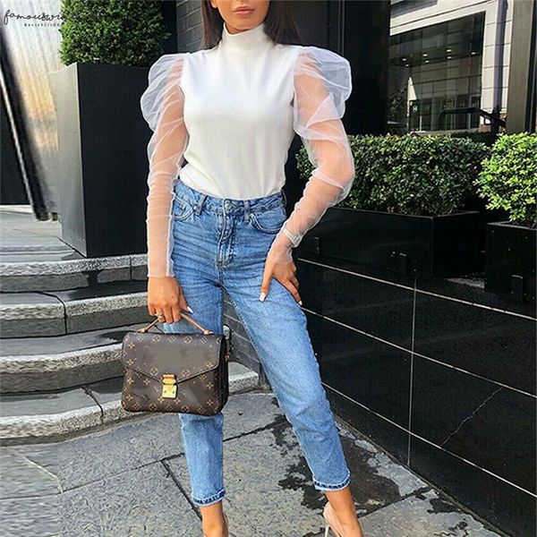 

2020 new mesh sheer see through shirt spring femme casual white women long sleeve girls blouse size women blouses femme