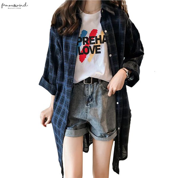 

summer womens blouses shirt plaid 2020 button bf long sleeve plus size long section women plaids shirts red blue yellow white