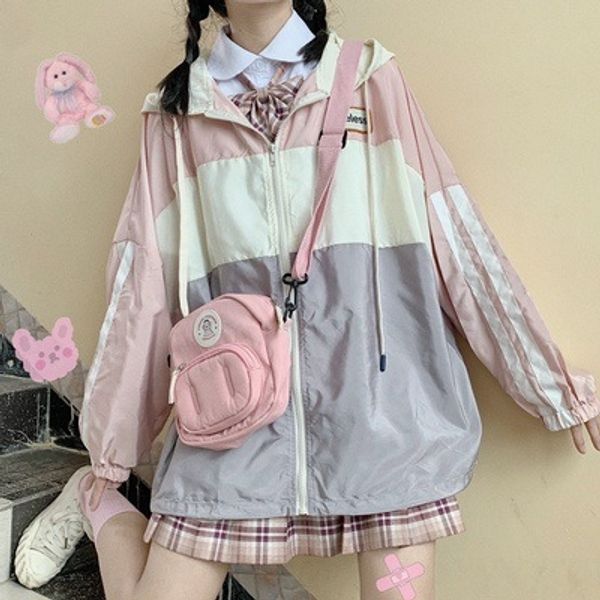 

2019 new bf coat women's sports style student loose hooded coat women's color matching jacket jacket jacket, Tan;black