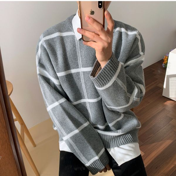 

ewq / men's wear plaid sweater 2020 autumn witner new korean style loose pullover knitted tide all-mtch cintage 9y3248, White;black