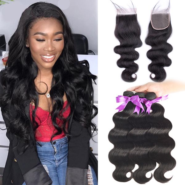 

hair bundles with closure 4*4inch brazilian body wave human hair bundles with closure, Black
