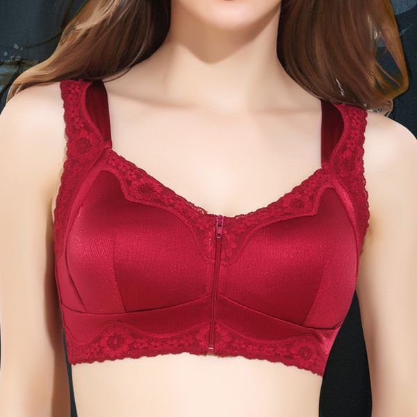 

wire breathable women's full coverage underwear lace floral push up zipper front bra lingerie a b c d 32 34 36 38 40 42, Red;black