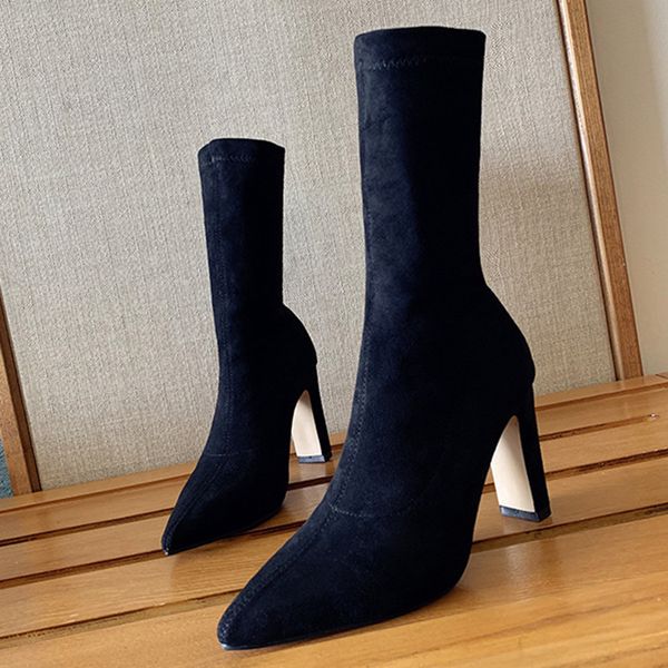 

high heels 9cm square heel ladies autumn and winter socks boots, soft tube fashion pointed daily boots, Black
