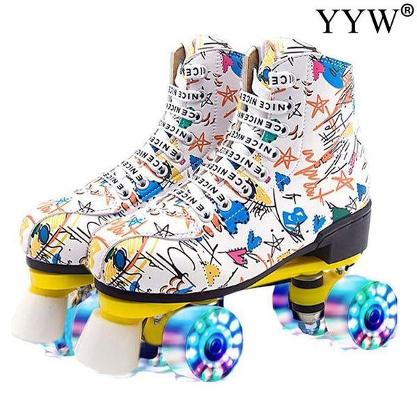 

inline & roller skates 2021 printed black lace-up artificial leather double row with flash pu wheel brake woman man shoes