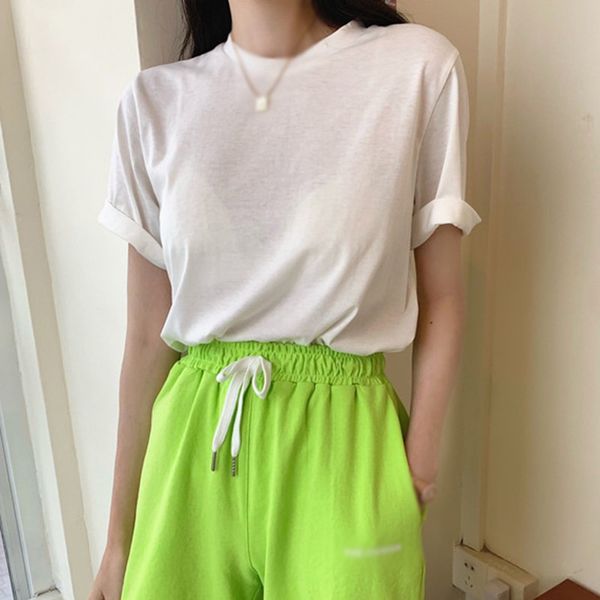 

summer t shirts for women korean style wild solid color plus size t-shirt loose casual short sleeve round neck, White