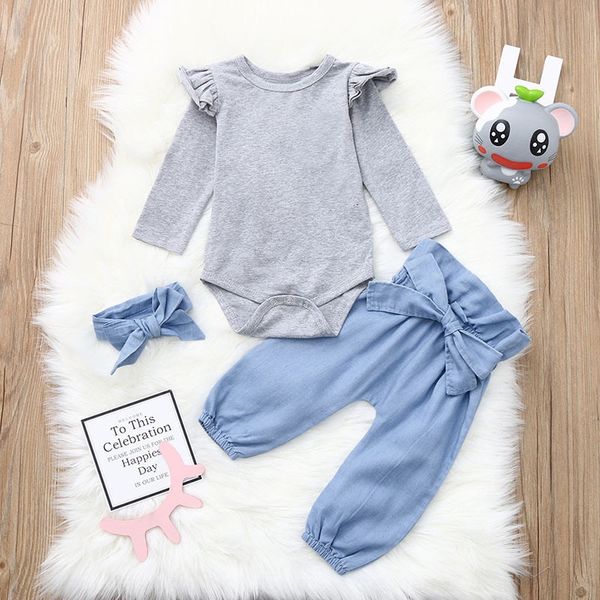 

infant gray long-sleeved sweater triangle scarf clothing sweater clothing climbing blue trousers scarf casual three-piece set