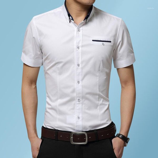 

serious thin mens dress shirts summer slim solid color men shirts short sleeve lapel neck, White;black