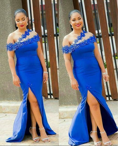 

royal blue side split mermaid prom dresses with handmade flowers capped sleeve vestidos de fiesta evening party gowns, Black