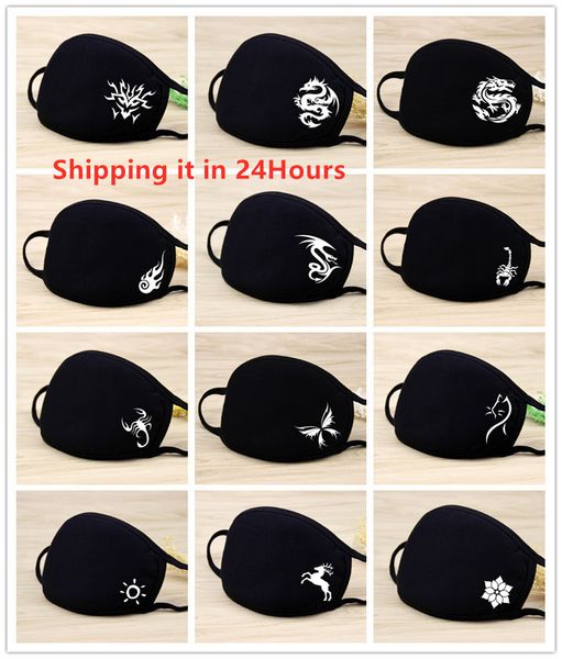 

washable men women animal pattern printed black face mask dust proof mouth mask soft cotton facial protective reusable for adult