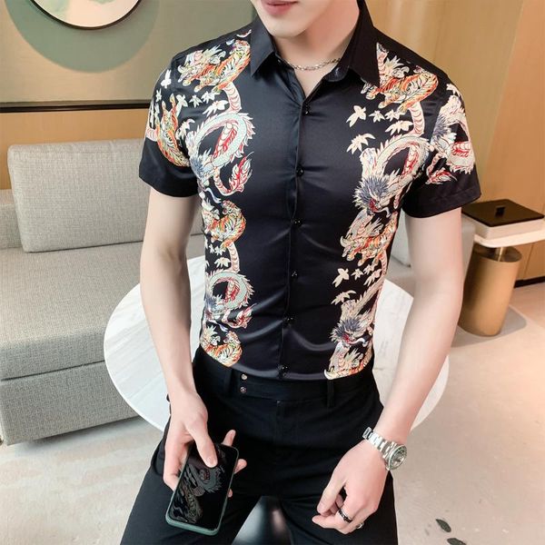 

gzdeerax summer dress shirts men luxurychinese dragon printed short sleeve male shirts camisas hombre slim man 4xl, White;black