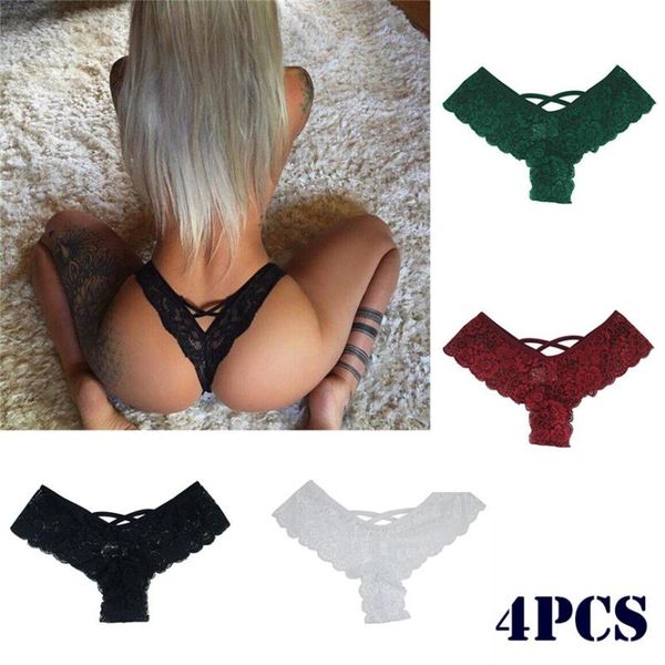 

4pc women lace flowers low waist underwear panties g-string lingerie thongs underpants ladies casual t-back woman intimate, Black;pink