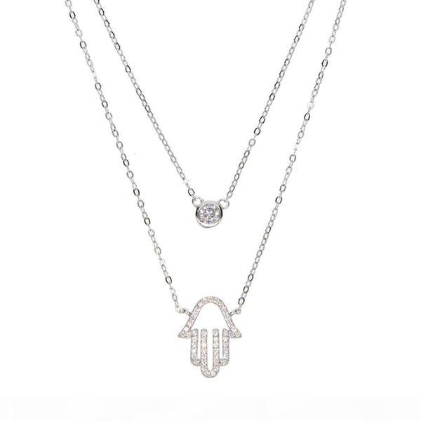 

2018 new double layer silver necklace sterling silver single cz hamsa hand pendant lucky turkish 925 sterling silver jewelry, Golden;silver