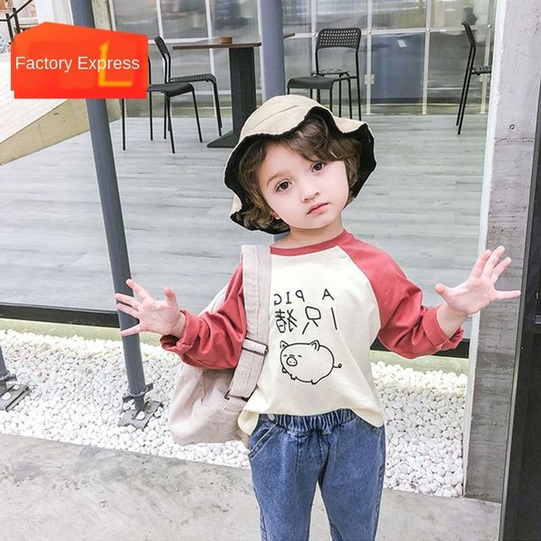 

autumn boys' and girls' round collar sleeve pig printed long -shirt -shirt sleeve, Blue