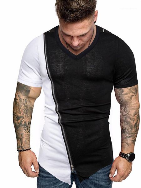 

men high street mens pu patchwork summer tshirts designer man zipper v-neck irregular fashion casual, White;black