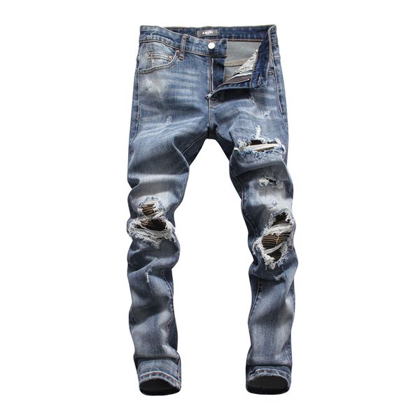 

wholesale classic hip hop pants jeans designer pants mens slim straight biker skinny loophole jeans men ripped jeans summer denim shorts, Blue