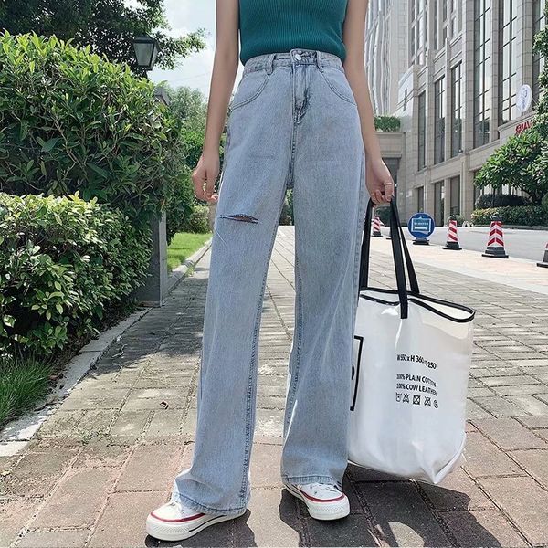 

women's ripped loose 2020 spring new straight high and jeans mop jeans waist ripped pants vertical sense high wide leg mop pants, Blue