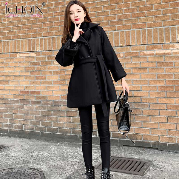 

2020 ichoix новых поступлений thicker black шерстяной cloat женской осень прохладной куртки шерстяной зимнее пальто с поясом
