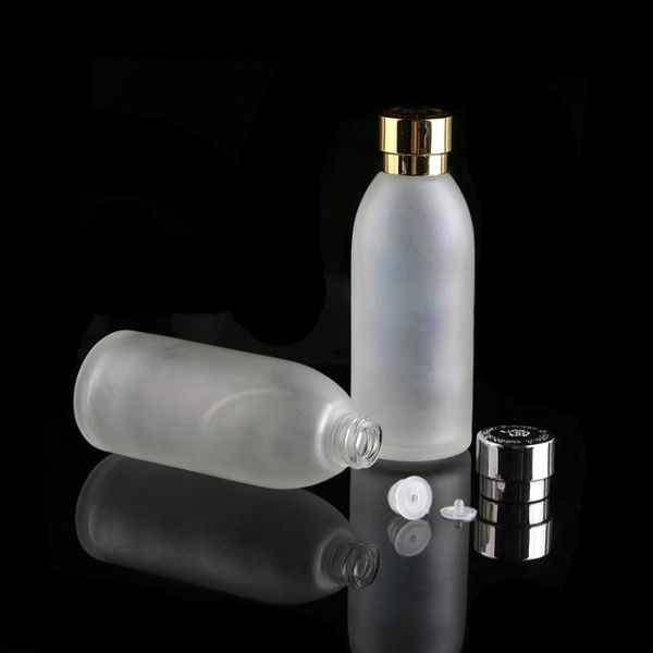 

120ml 4floz frosted clear glass lotion cosmetic toner serum bottle gold silver flower lid - 50pcs/lot, merx beauty brand