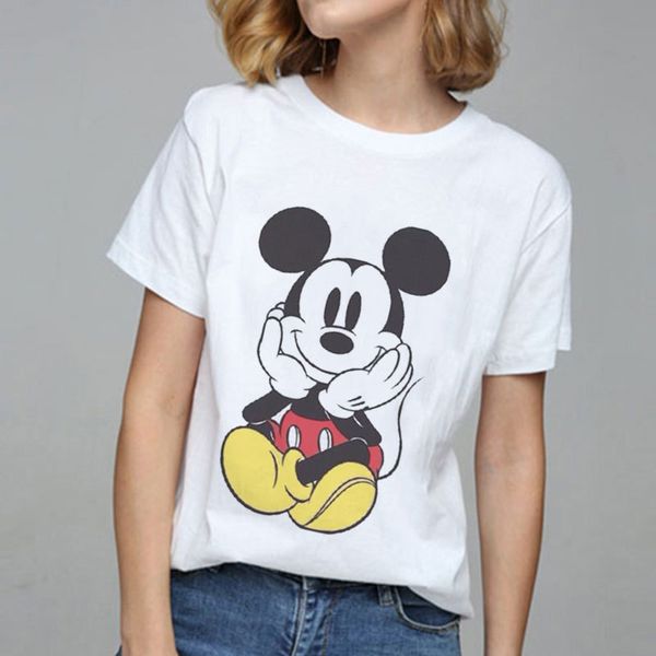 

women summer tshirt leopard printed graphic flower fashion t-shirt mouse micky ear shirt women tee hipster female t shirt, White