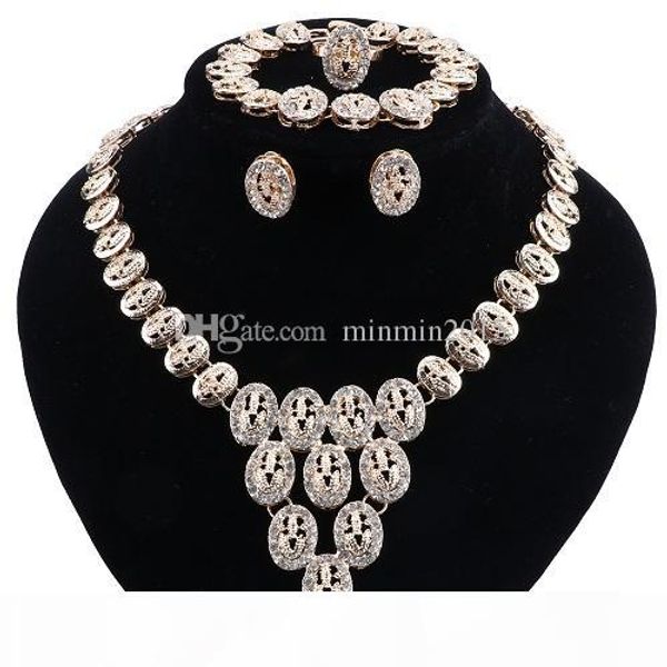 

gold color crystal plum blossom women's earrings necklace bracelet ring set new simple party dress tassel zircon jewelry sets, Slivery;golden