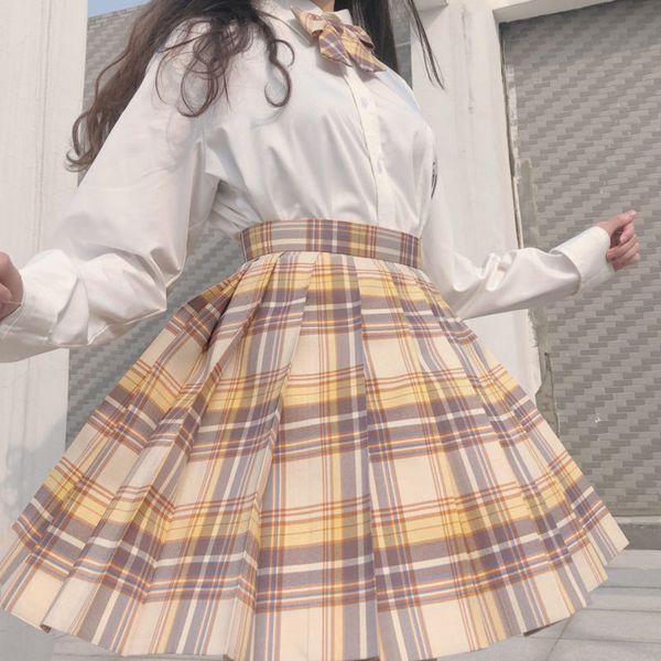 

kerria japonica] girl's autumn high waist pleated skirts plaid skirts women dress for jk school uniform students clothes, White