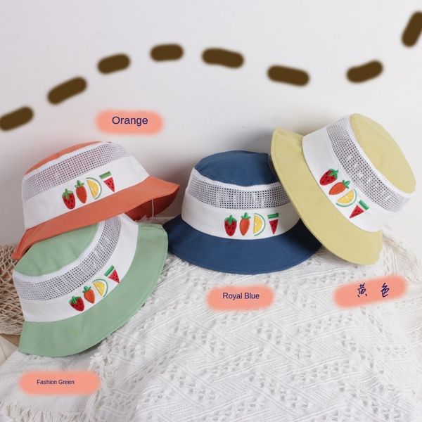 

mesh fabric fruit bucket hat flat cap embroidery children fisherman hat baby travel sunshade strawberry flat cap, Blue;gray