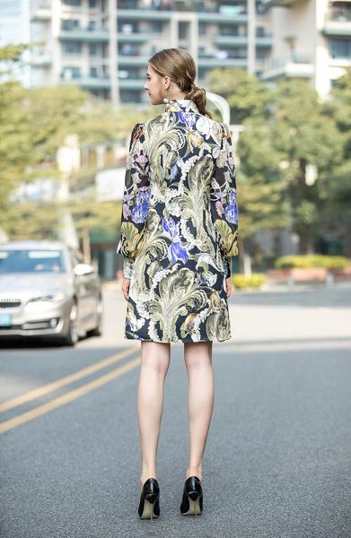 

european and american fashion underskirt skirt 2020 spring dress retro abstract yun hua lapel long-sleeved loose-fitting dress